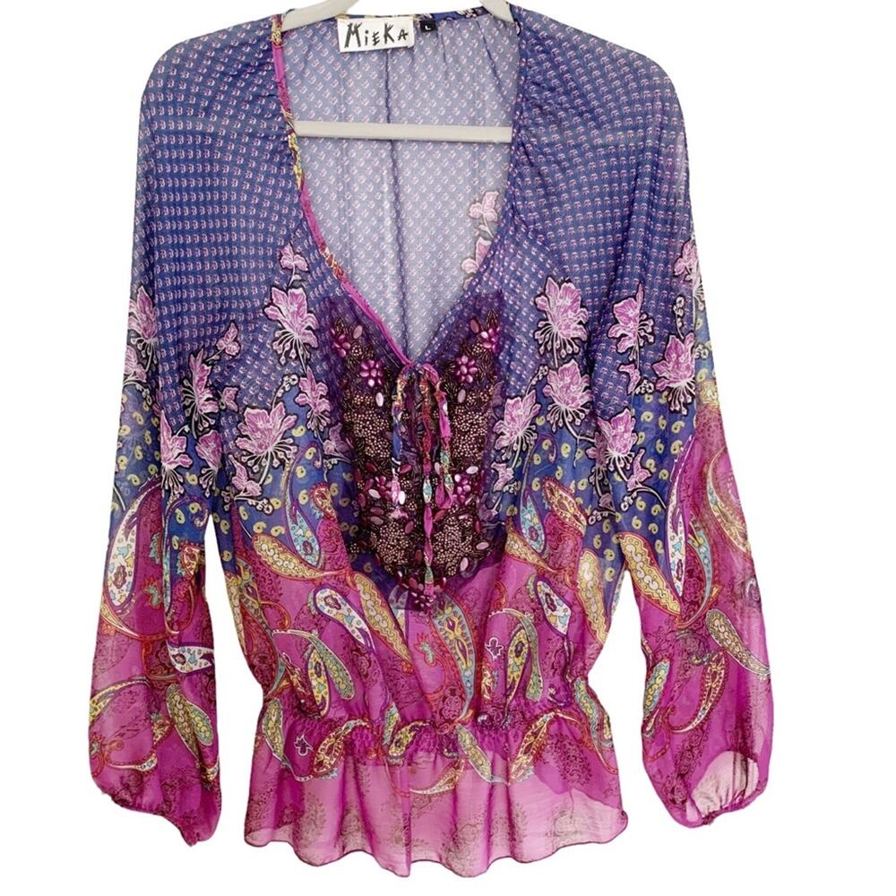 Mieka Purple Blue Paisley Sheer Jeweled V Neck L/S Blouse Large